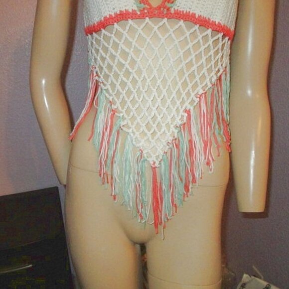 CROCHET Knit HALTER Tank TOP Free Size Backless FRINGE Hippie BOHO Festival - Picture 3 of 5